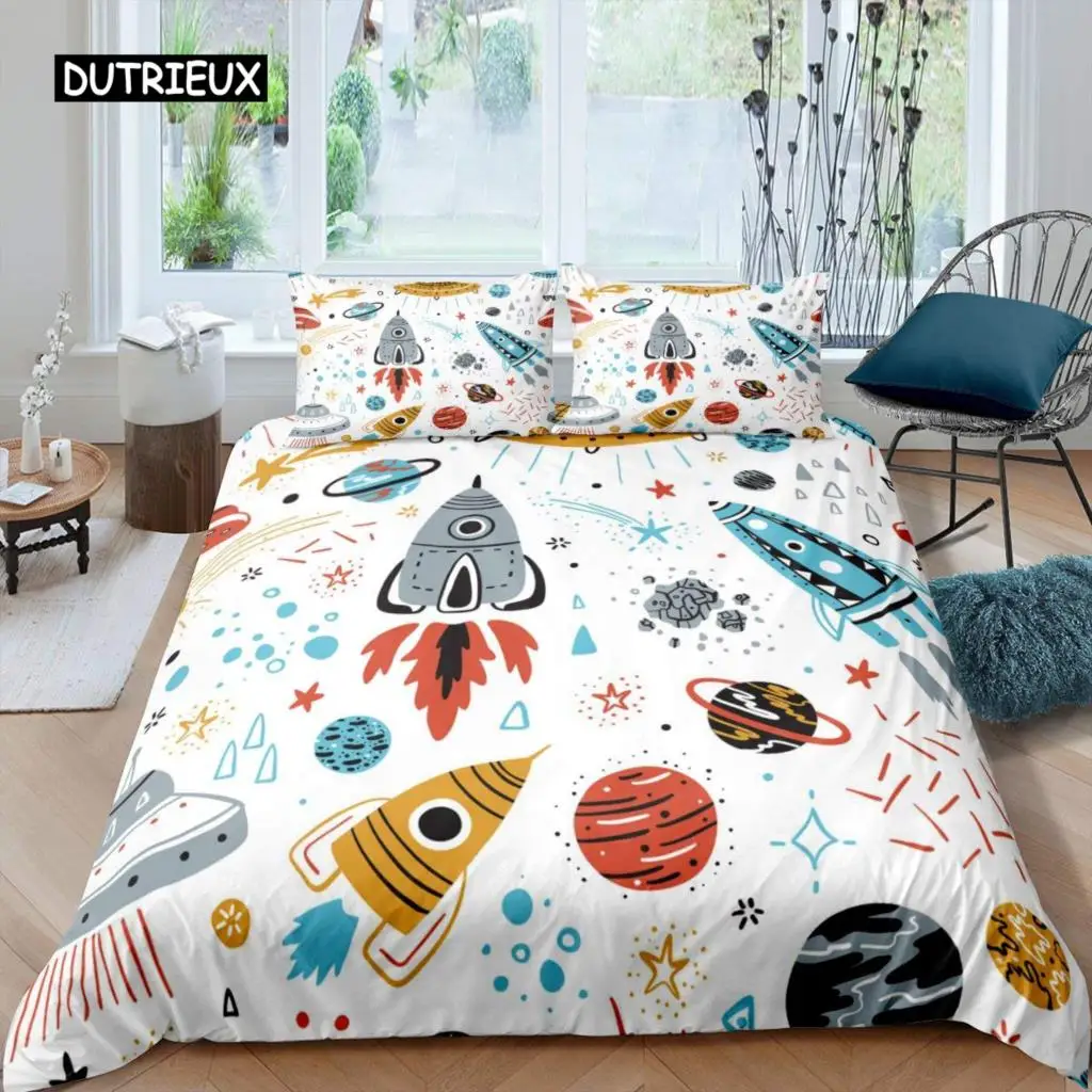 Rocket Duvet Cover Set King Size Spaceship Bedding Twin Microfiber Outer Space Galaxy Stars Planet Cartoon Style Quilt