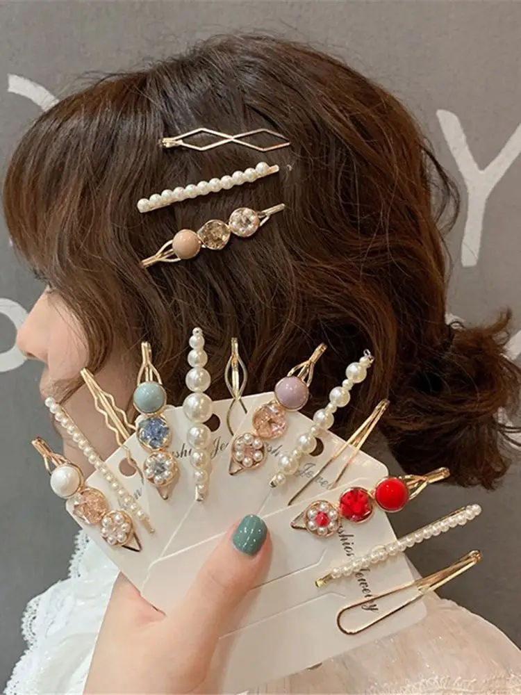 3PCS/Set Pearls Rhinestones Hair Clips for Women Exquisite Flower Diamond Barrettes Girls Sweet Hairpins Headwear