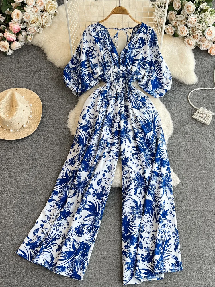 

Summer Women Sexy V-Neck Puff Sleeve Printed Romper Female Black/Red/Blue/Yellow Wide Leg Jumpsuits Vacation Beach New Fashion