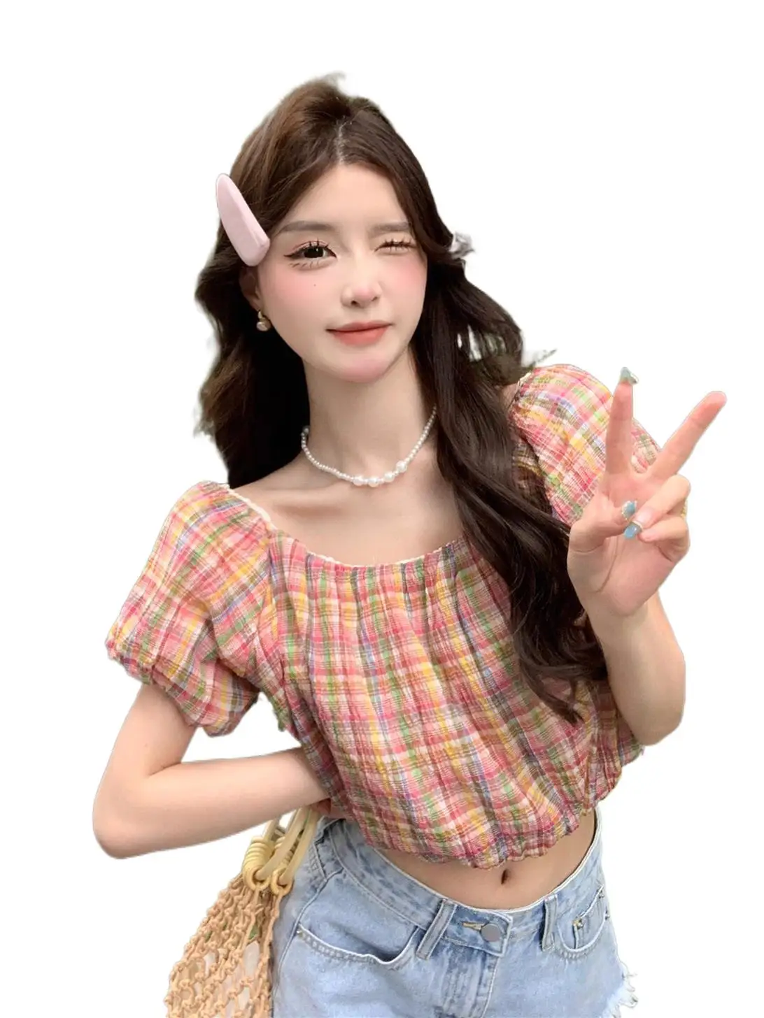 

Женский хлопковый укороченный топ в клетку, дизайнерская привлекательная Свободная блузка в стиле High Street с воротником-лодочкой и пышными рукавами, Новинка лета 2023