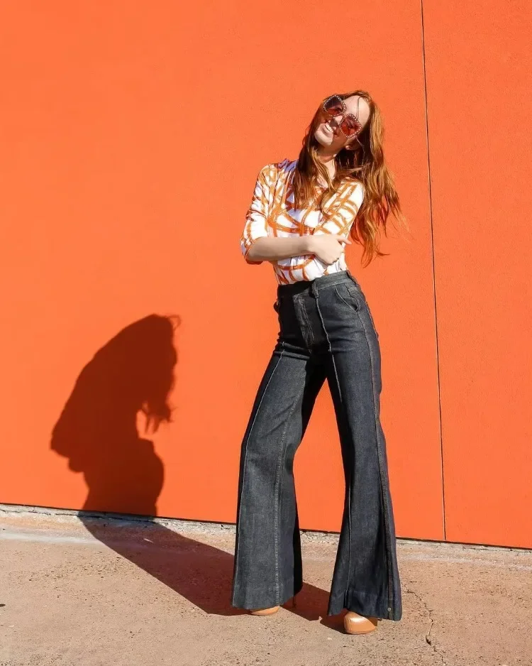 UOOZEE 2024 новые женские модные расклешенные брюки с высокой талией джинсы имитацией