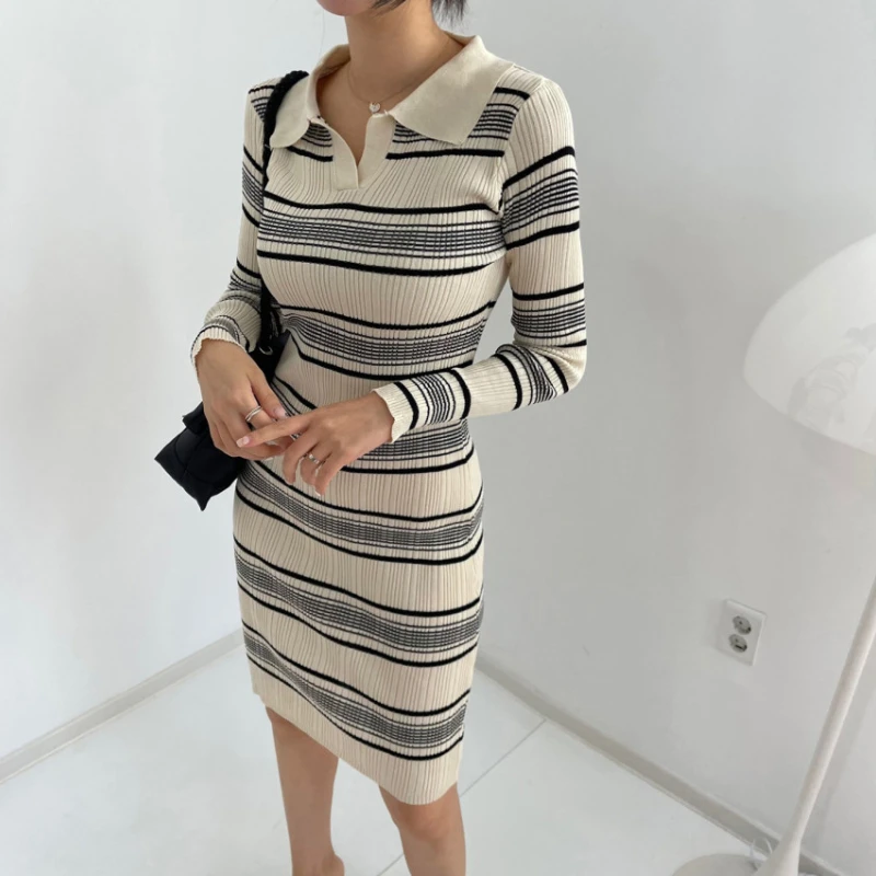 

New Fall/winter Vintage Chic Lapel Striped Slim Knit Dress
