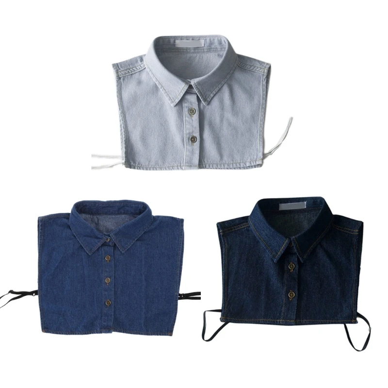 

Unisex Vintage Washed Denim Fake Collar Detachable Dickey Blouse Button Down Lapel Half Shirt Casual Decorative Crop Top