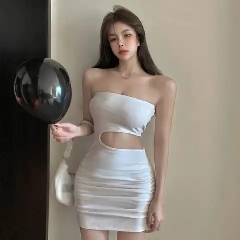 Sexy Slash Neck Tube Chest Dress Slim Women's Dress Solid Color Hollow Out Dropped Waist  Fashion Bottoming Mini Dress 