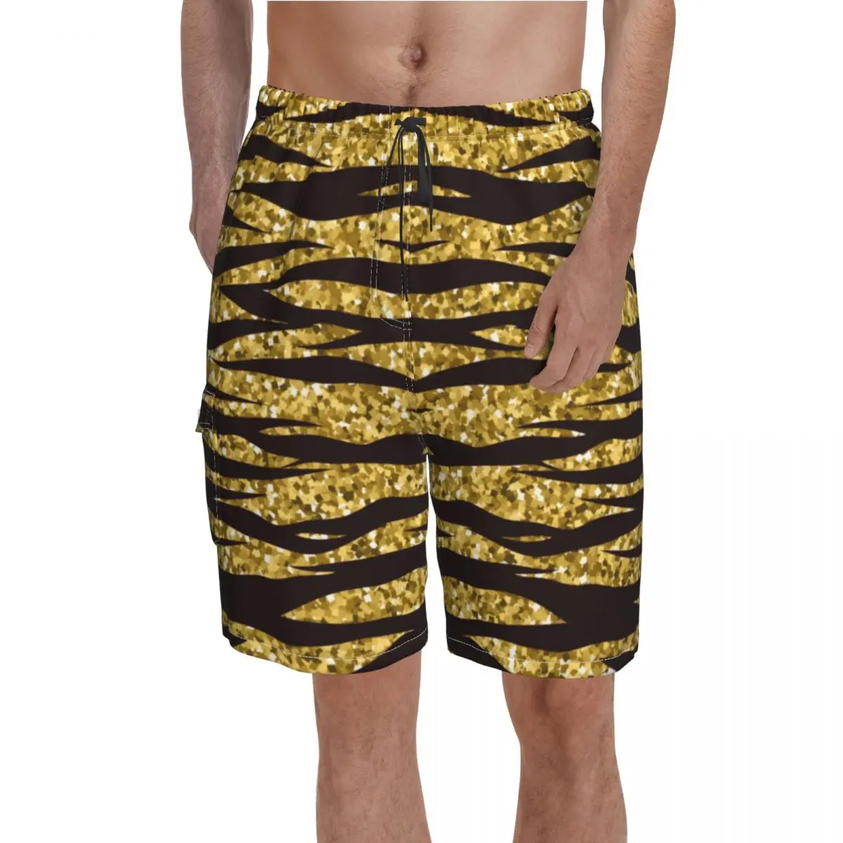 

Golden Tiger Print Board Shorts Animal Skin Stripes Beach Shorts Elastic Waist Comfortable Printed Swim Trunks Plus Size