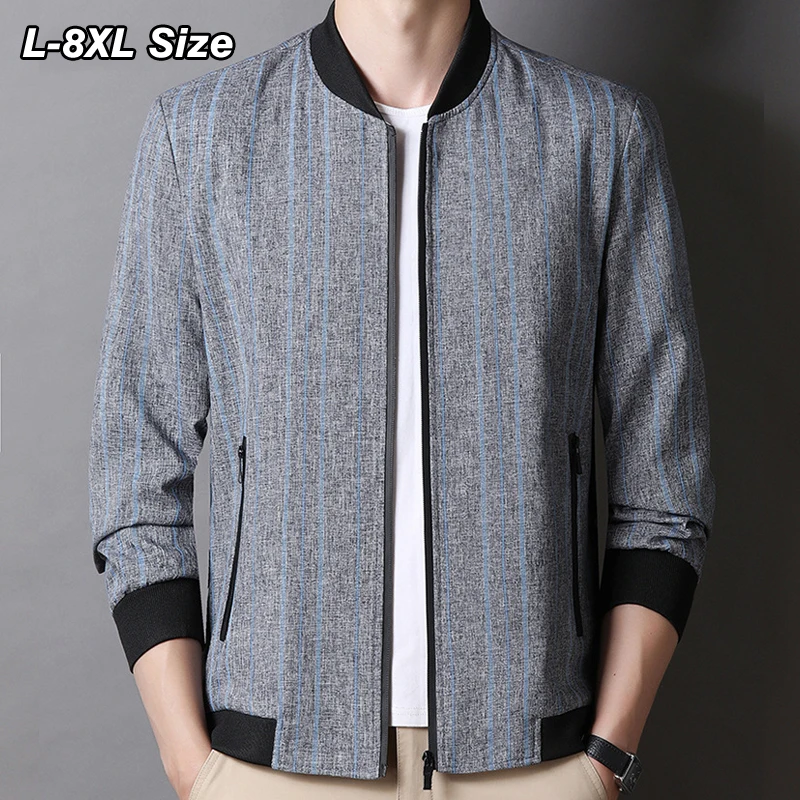 

Plus Size 7XL 8XL Men's Fashion Jacket Spring Autumn Bomber Casual Coats Light Blue Stripes Streetwear Trend Brand Clothing