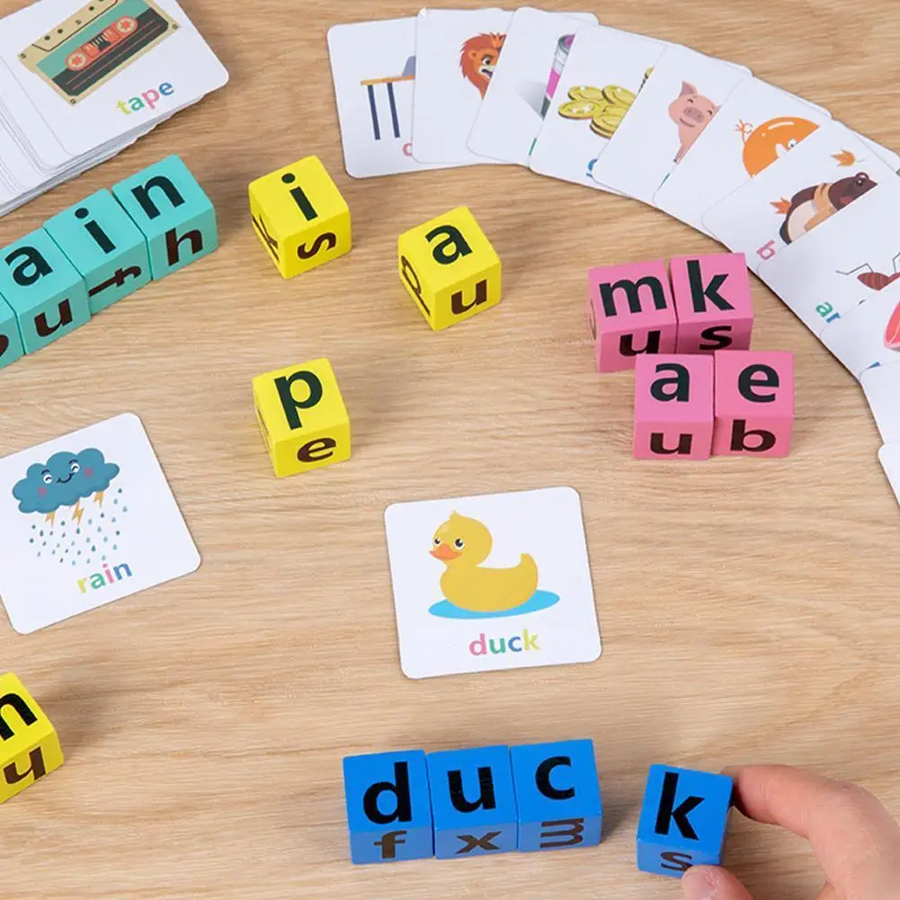 

Letter Spelling Block Fun Game English Words Cards Spelling Early Learning Educational Puzzle Game Montessori Wood Toy For E4V2