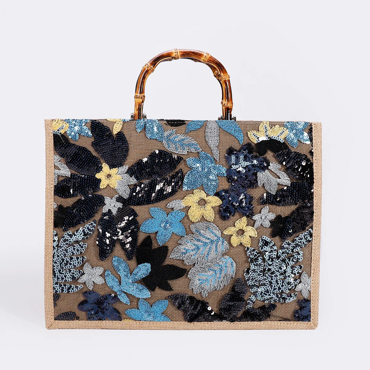 Sequins Linne Tote Bag Bamboo Handle Women's Handbags Flower Embroidery Woven Bag Large Beach Shopper Designer Bags for Women