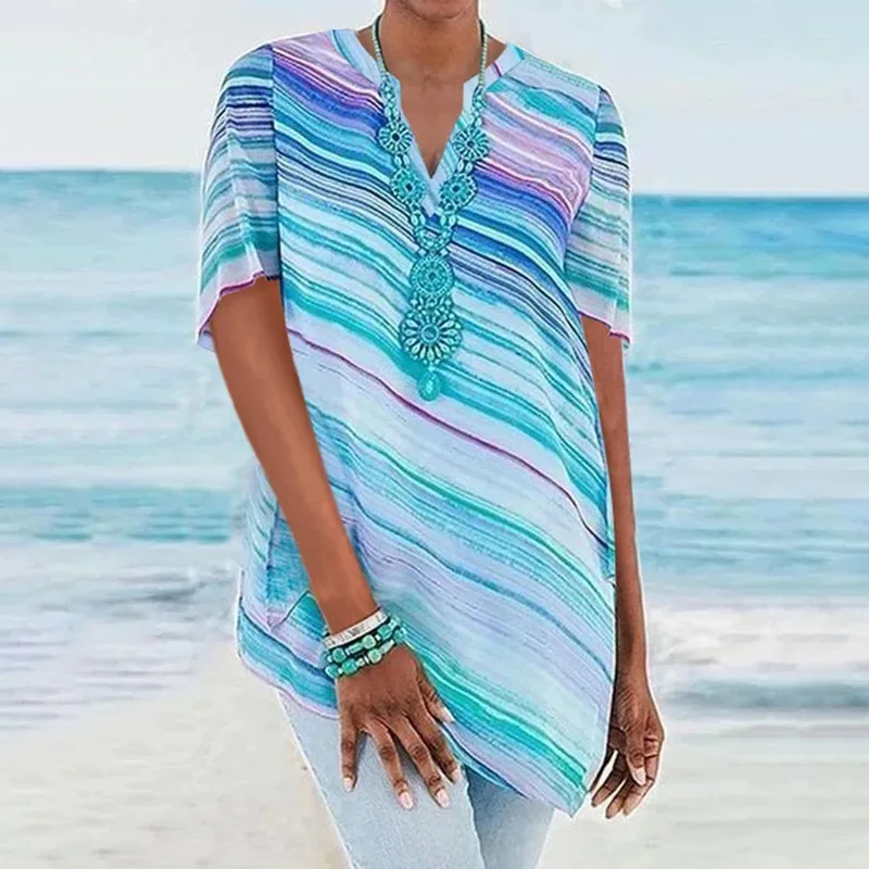 

2022 Summer Print Outdoor Beach Casual Print V-Neck T-shirt Women