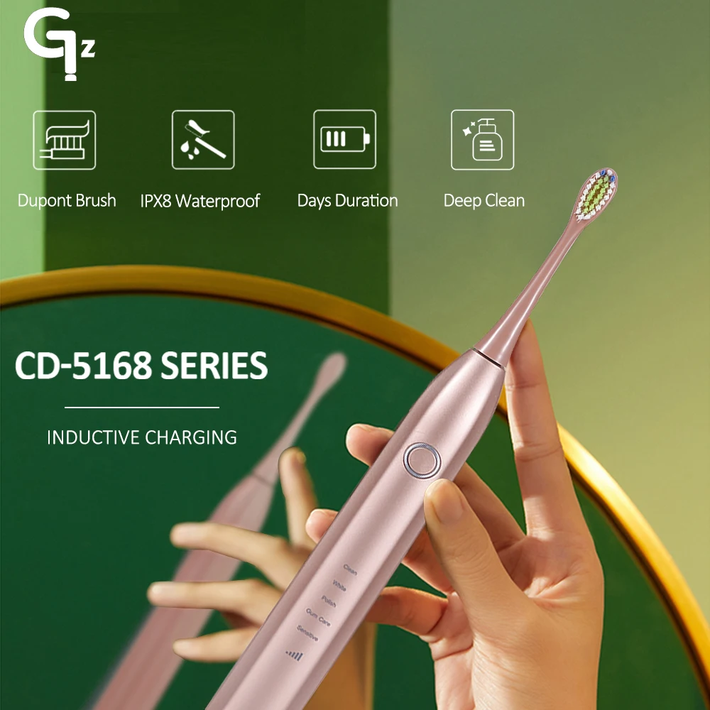 

Электрическая зубная щетка GeZhou CD5168 Sonic, перезаряжаемая зубная щетка IPX8, водонепроницаемая, 15 режимов, зарядка через USB, Набор сменных насадок
