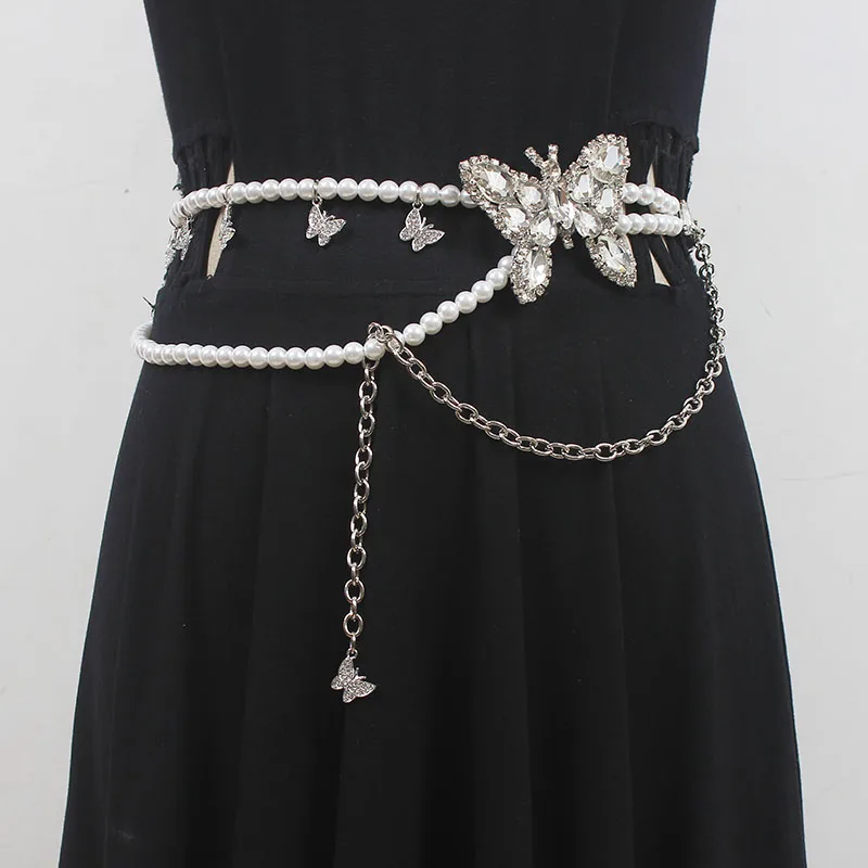 Rhinestone Butterfly Waist Chain for Women 2023 Design Bling Big Diamonds Pearl Chain Waist Belts Summer Dress Cinturones Belts