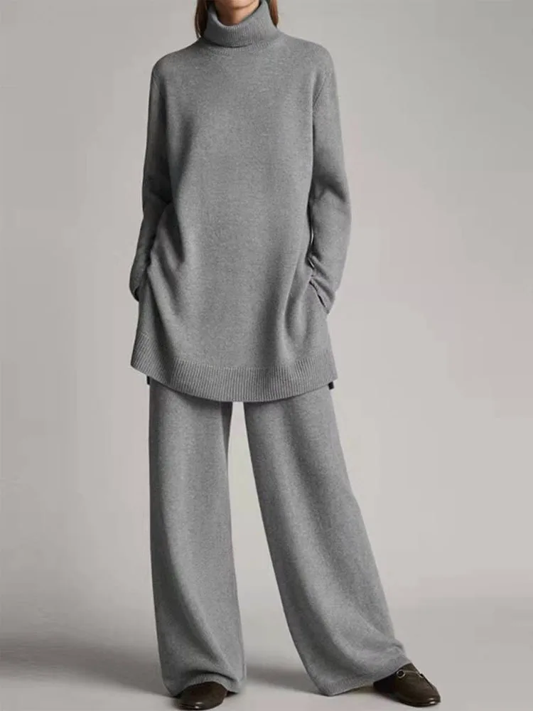 

Elegant Lady Knitted Outfits Women Turtleneck Pullover Tops And Wide Pant Set Homewear Spring Autumn Casual Solid Pant Suits