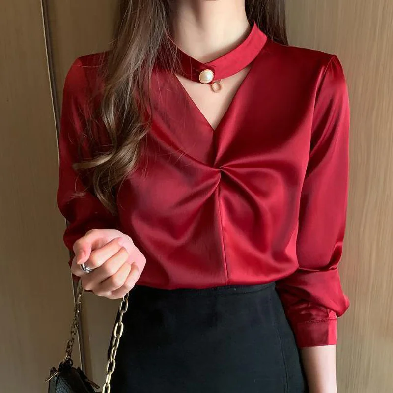 Elegant V-Neck Solid Color Beading Satin Blouses 2023 Spring Summer New Long Sleeve Casual TopsLoose Office Lady Shirts