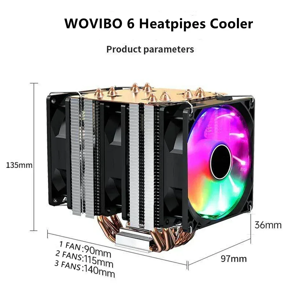 Кулер процессора WOVIBO 6 тепловых трубок радиатор 90 мм ШИМ 4 контакта для Intel LGA 1150 1151