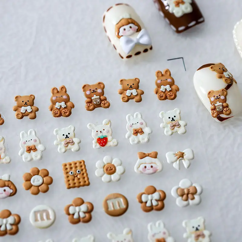 Nail Sticker Embossed 5D Sticker Three-dimensional Cute Bear Thin Tough Frosted Thin Transparent Back Glue Nail Milk Bear