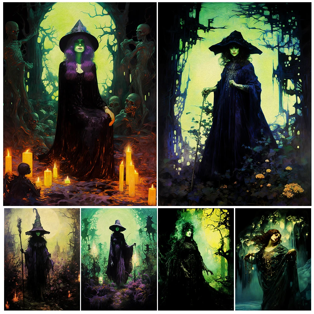 

The Green Witch At The End Of The Forest Vintage Wall Art Canvas Painting Witchcraft&Magic Art Poster Print Home Decor Unframed