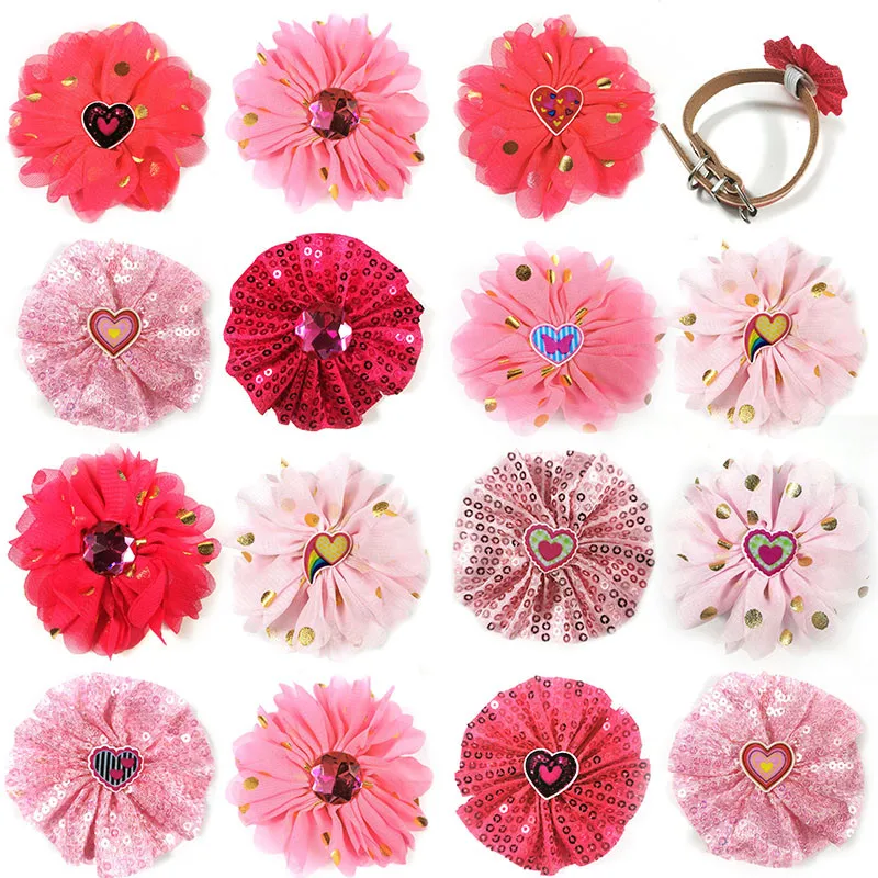 

50/100pcs Valentine's Day Dog Collar Charms Girl Collar Flowers for Small Medium Puppy Cats Flowers Bows Collar Accessories