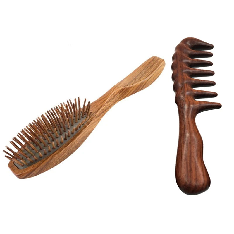 

2 Pcs Wooden Natural Handmade Detangling Massage Hair Comb, A & B