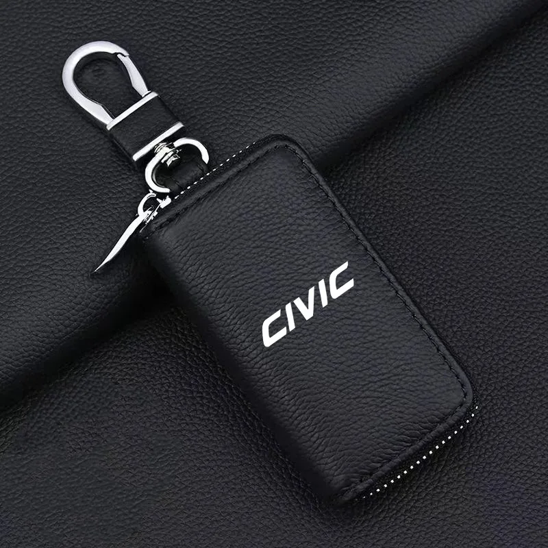 

For CIVIC 10th 9th 8th 7th Gen 10 9 8 Leather Zipper Car Key Cover Storage Case Shell Wallet Keychain Protector Car Accessories