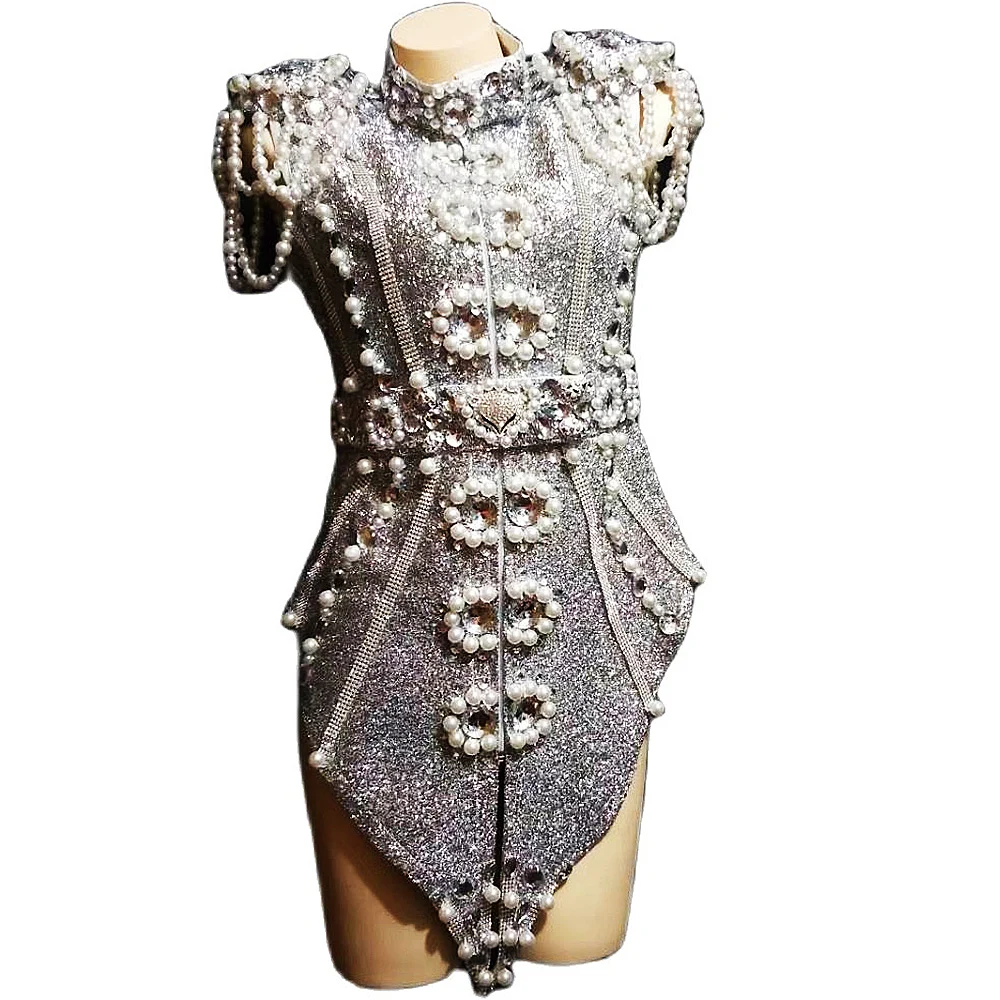 

Flashing Diamonds Pearls Silver Tops Shorts 2 Pieces Set Women Singer Dance Costume Bar Nightclub Evening Prom Outfit