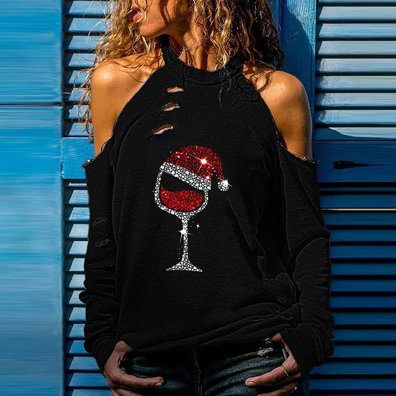 Модная Рождественская футболка женские осенние Рубашки с открытыми плечами и