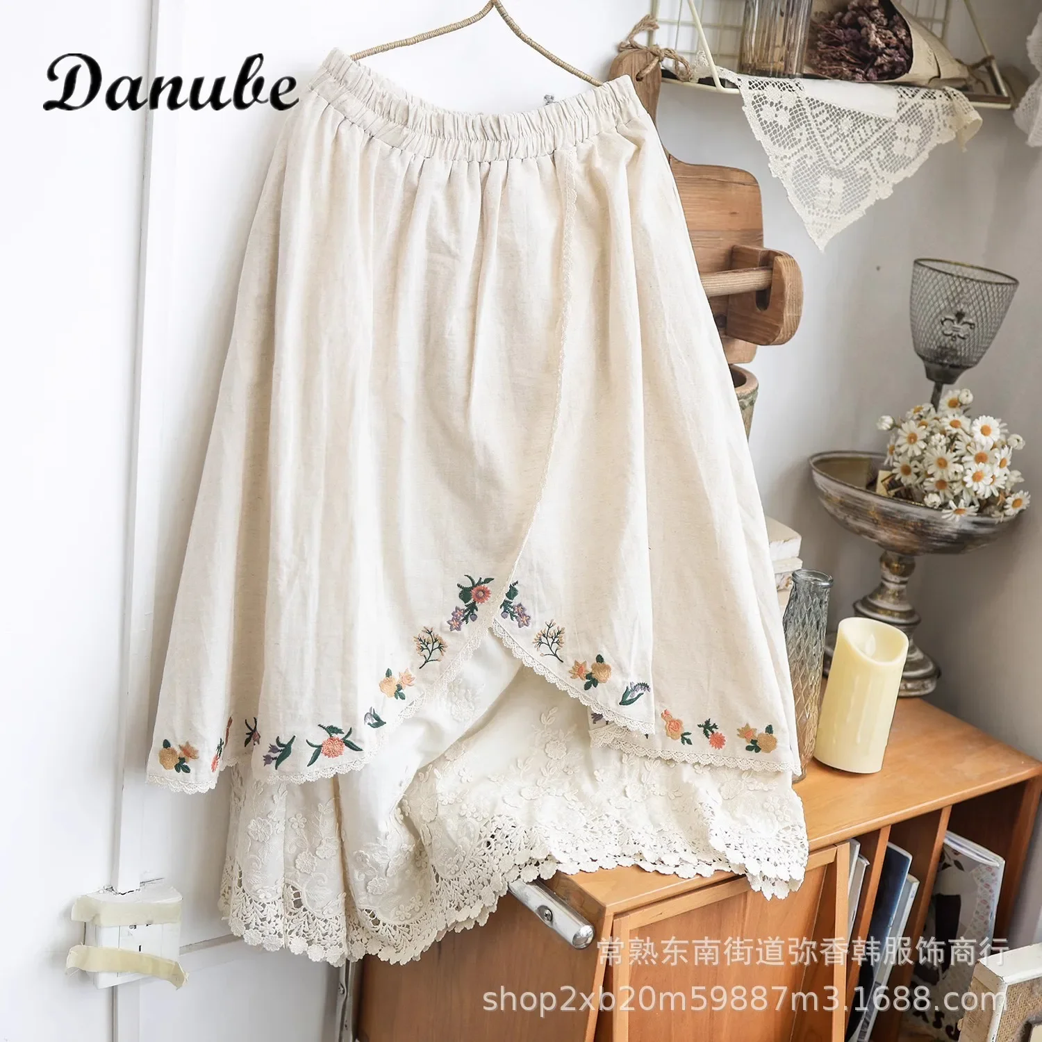 

Винтажная длинная юбка с вышивкой в стиле мори, Женская японская кружевная Милая хлопковая льняная юбка с оборками, повседневные трапециевидные юбки в Стиле Лолита с высокой талией