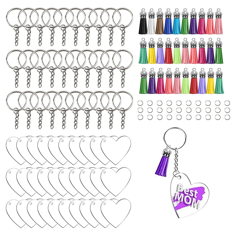 

120pcs Blank Acrylic Keychains Set DIY Heart Acrylic Key Chain Clear Circle Discs Leather Tassel Pendant Jump Rings Wholesale