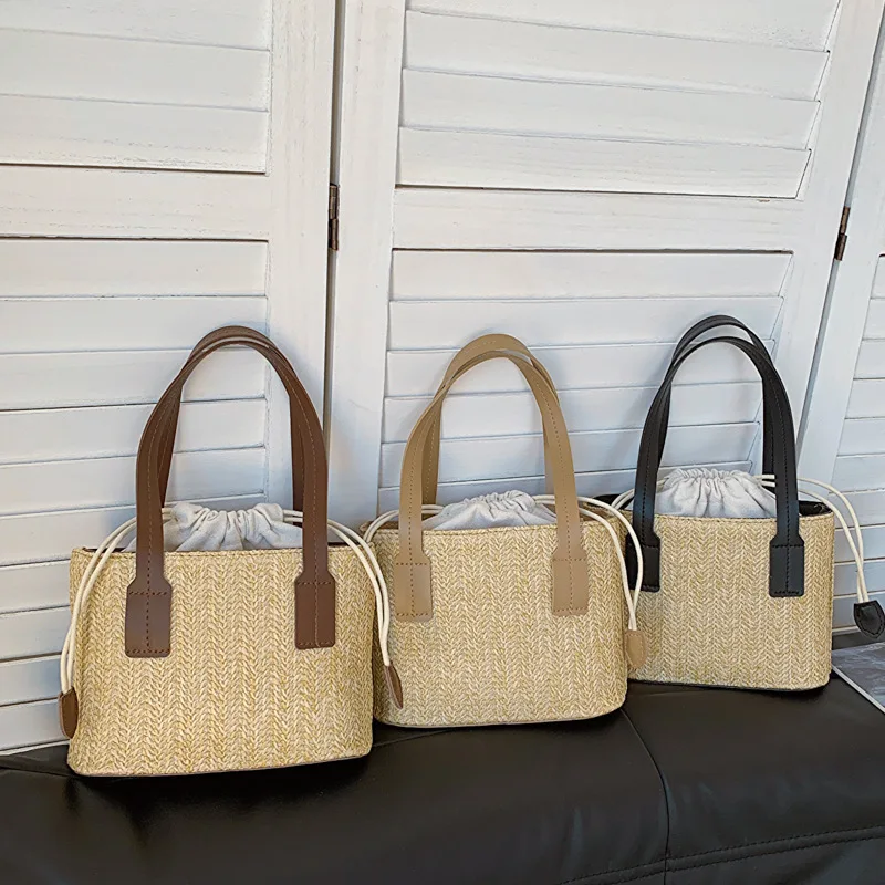 

Миниатюрные сумки-тоуты на шнурке для женщин, Плетеная соломенная сумка-корзина в богемном стиле, пляжные дамские сумочки через плечо с ручками сверху