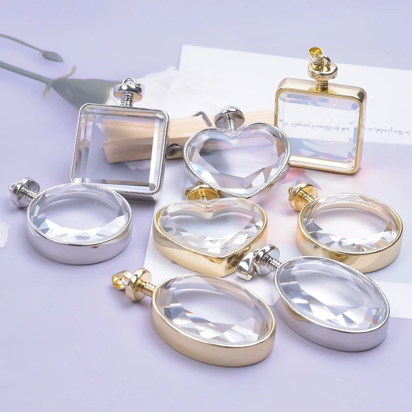 5Pcs New Rhombus Rhinestone Heart,Oval Floating Locket Pendant Charms Keychain Jewelry Making Reliquary Medallion Photo Necklace