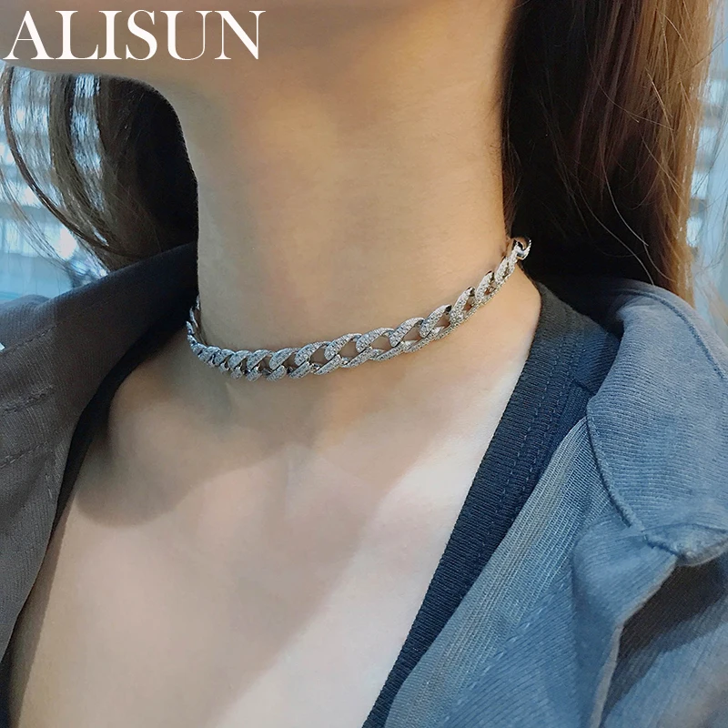 

ALISUN 925 Sterling Silver Adjustable Hip Hop Cuban Necklace Full Diamond Hip Hop Necklace