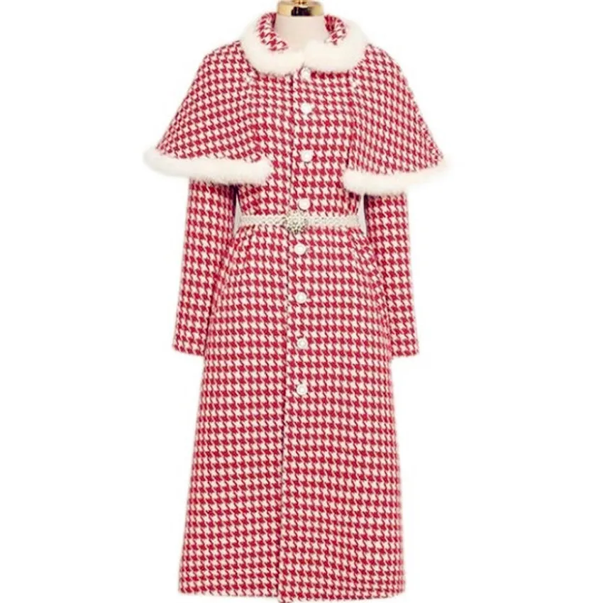

Женское шерстяное пальто в стиле ретро, красное однобортное длинное пальто в клетку с рисунком «гусиные лапки», зимнее пальто