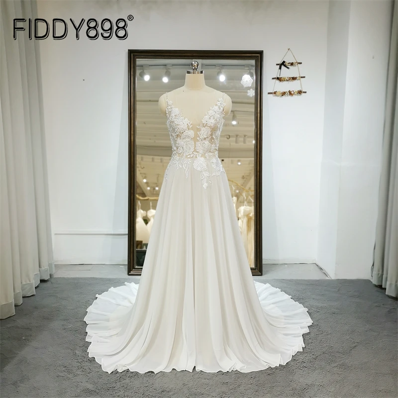 

FIDDY898 Simple Wedding Dress 2022 Bride Lace Dress Court Train Open Back Bridal Gown vestido de novia Robe Marriage QW01301