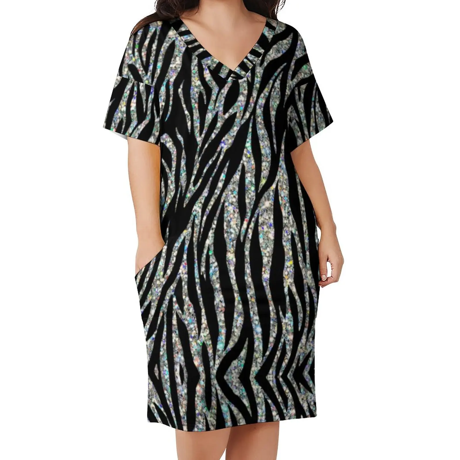 Glitter Zebra Dress V Neck Abstract Animal Print Elegant Dresses Female Street Fashion Casual Dress With Pockets Plus Size 5XL