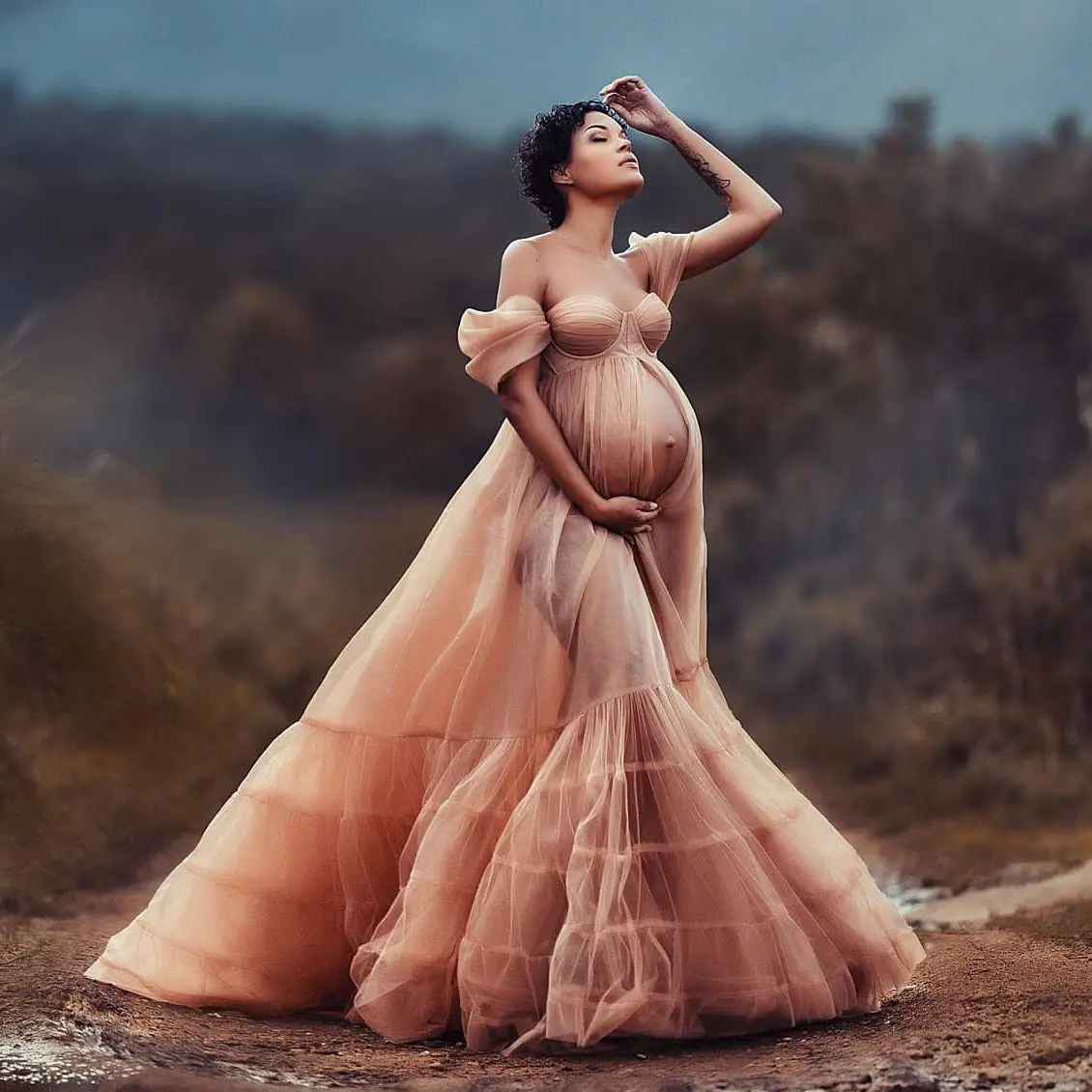 

Dusty Tulle Maternity Dress for Photoshoot Prom Dress Front Split Party Wear Layered Ruffles Robe Pregnancy Babyshower Bathrobe