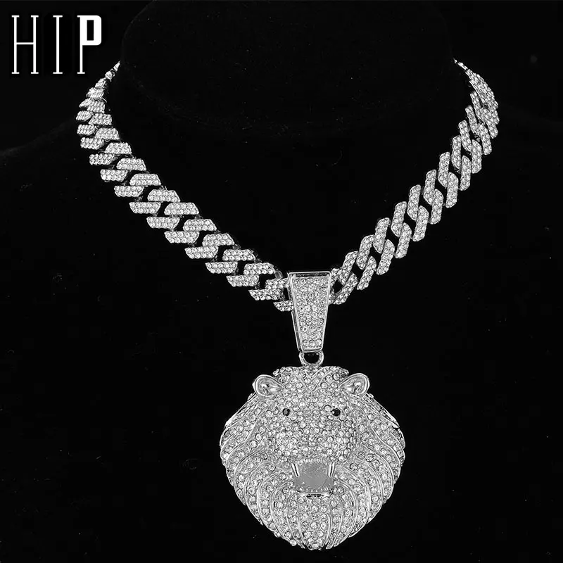 

HIP HOP Iced Out LION Pendants Miami 13mm Cuban Link Chain With AAA+ Rhinestone Pendants Necklaces For Men's Women Jewelry