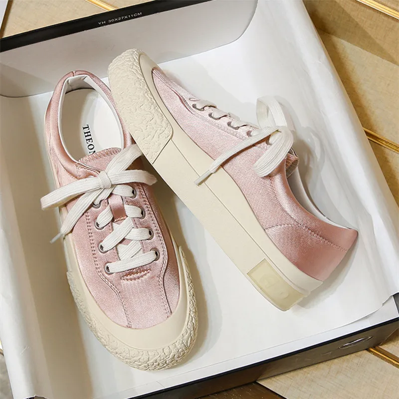

Spring And Summer New Silk Sneakers Women's Round Head Strap Thick-Soled Casual Shoes Loafers Fashion Net Red Canvas Shoes Flats