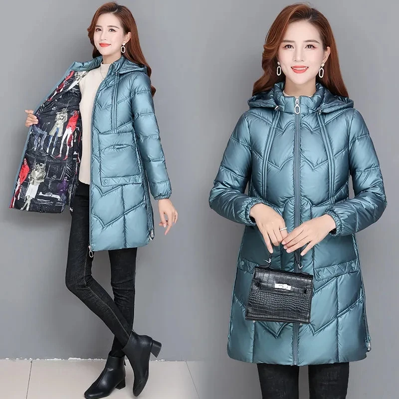 

Winter Coat 6XL Wash free Glossy Women's Cotton padded Parkas Warm Hooded Jacket Middle-aged mother Slim Casual Long Overcoat