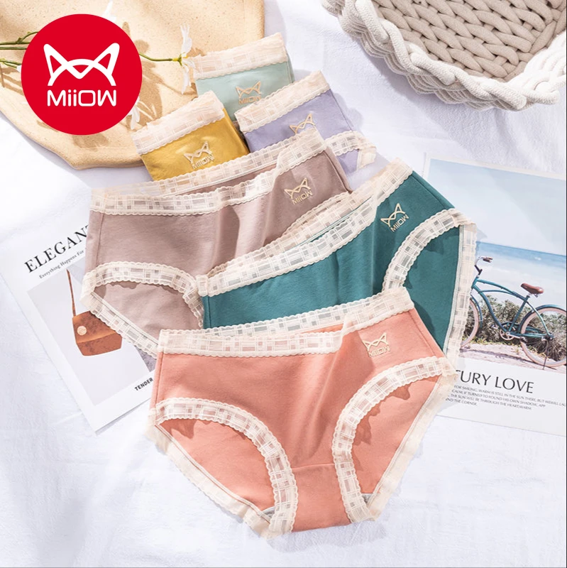 

3PCS MiiOW Women's Underwear Women's Cotton Crotch Graphene Antibacterial Traceless Mid-waist Lace Girl Japanese Cotton Briefs