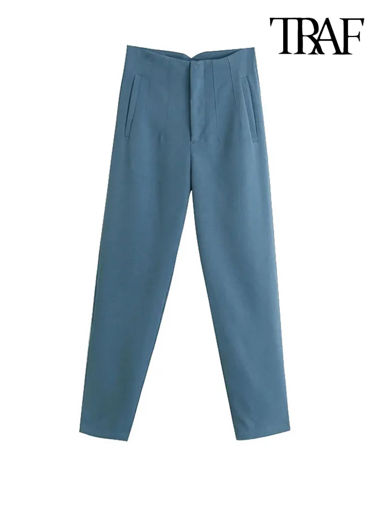 TRAF Women Chic Fashion With Seam Detail Office Wear Pants Vintage High Waist Zipper Fly Female Ankle Trousers Mujer