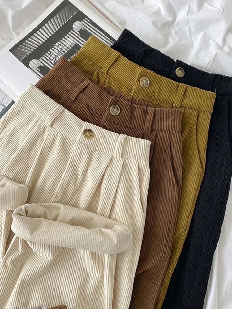 

High Waist Women Retro Corduroy Pants Fall Straight Causal Full Length Trousers Vintage Coffee Pockets All Match Pants New