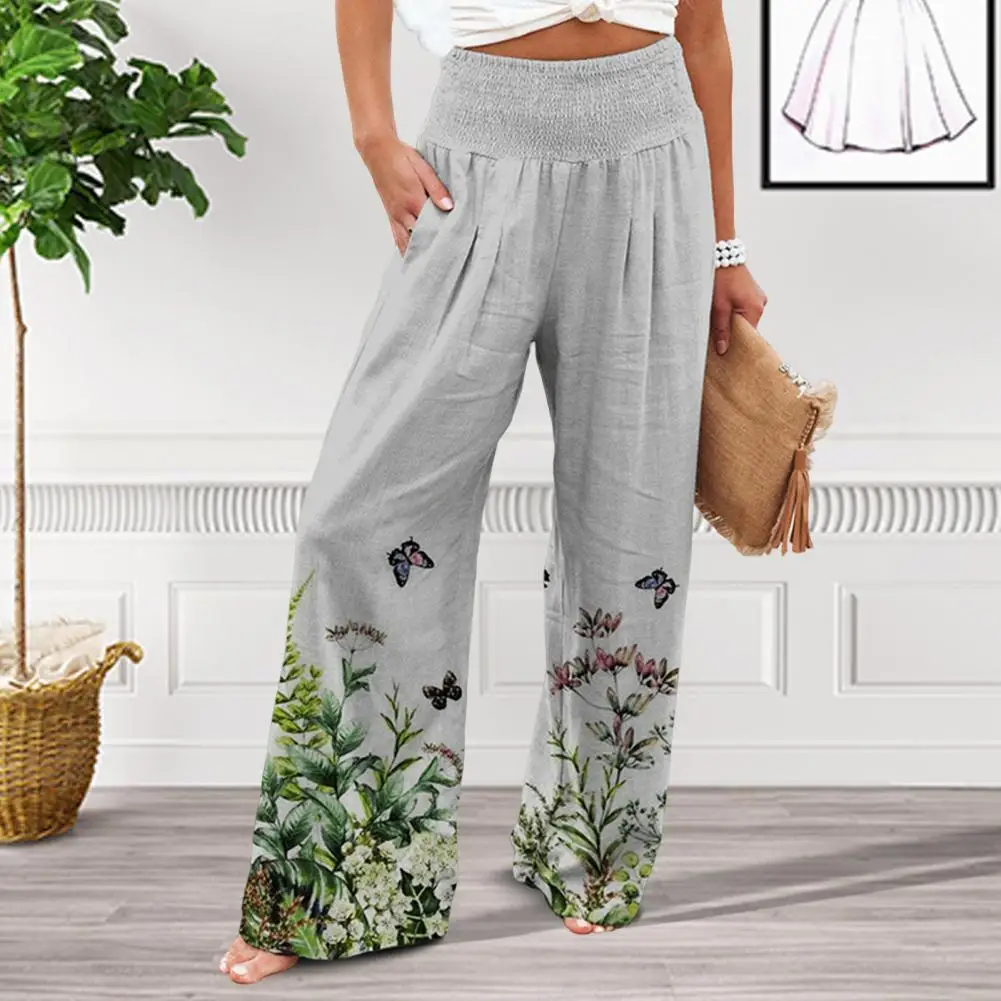 

Women Pants Vintage Print Loose Type High Waist Casual Elastic Waist Straight Pattern Lady Trousers Female Clothes