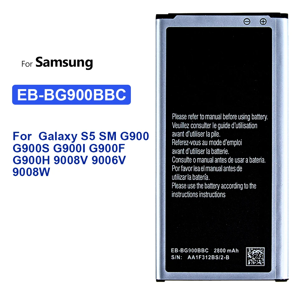 

For Samsung S5 Battery For Galaxy S 5 SM G900 G900S G900I G900F G900H 2800mAh EB-BG900BBE Replacement Battery EB BG900BBE