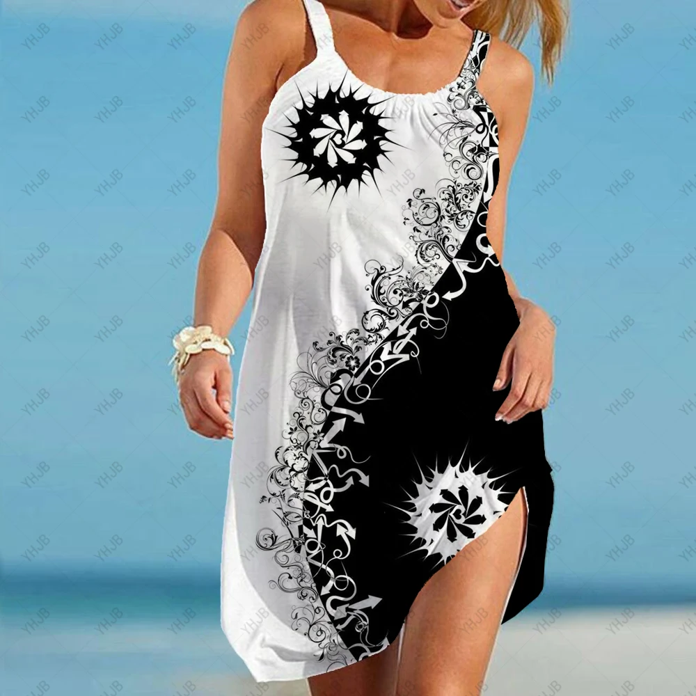 

Summer Sexy Beach Dress Bohemian Sleeveless Party Dresses Elegant Sundress Sunflower Floral Print Mini Midi Dress Women Fashion