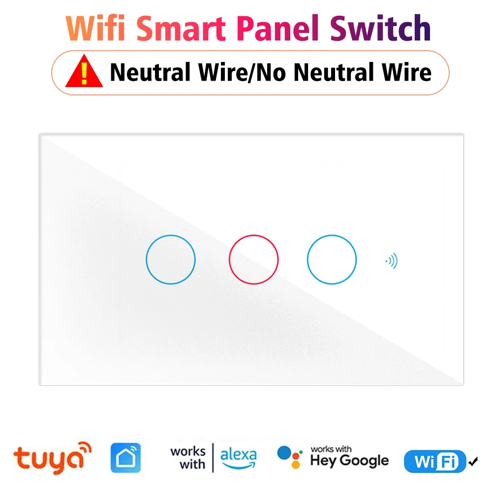 

1/2/3 Gang TUYA WiFi Smart Touch Light Switch No Neutral Required US 100-240V Smart Home Wall Button For Alexa Google Home