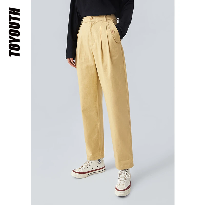 

Toyouth Women Pants Autumn Office Lady Khaki Blue Solid Nine Points Loose Female Trousers High Waist Slim Straight Suit Pants
