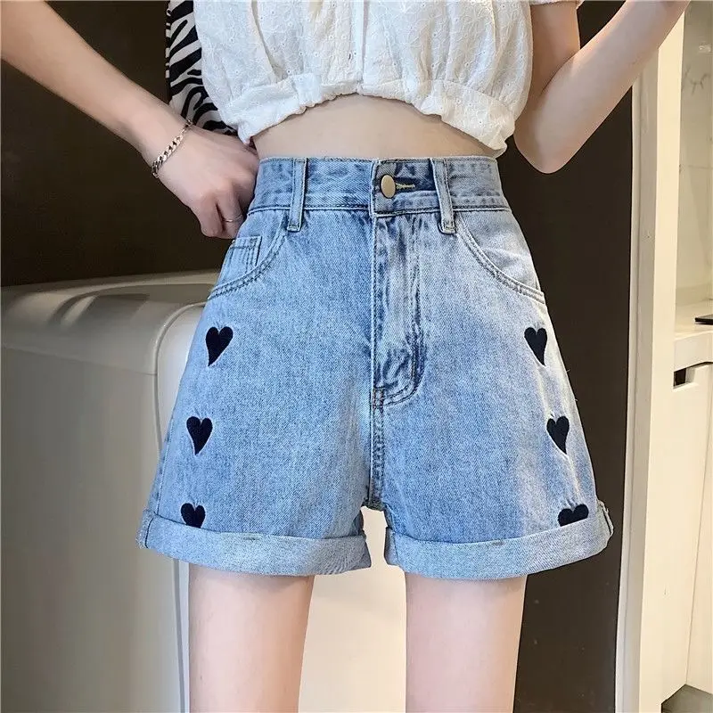 

Women Denim Shorts Heart-shaped Print Streetwear Button High Waist Short Harajuku Wide Legs Summer Button Adjust Jean Shorts