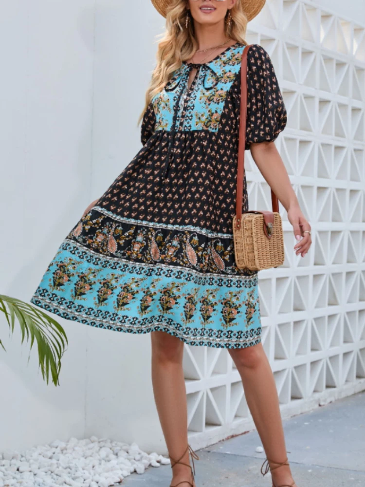 

Женское платье с коротким рукавом, винтажное Элегантное Платье макси с цветочным принтом и богемным принтом на шнуровке, уличная одежда, Новинка лета 2023