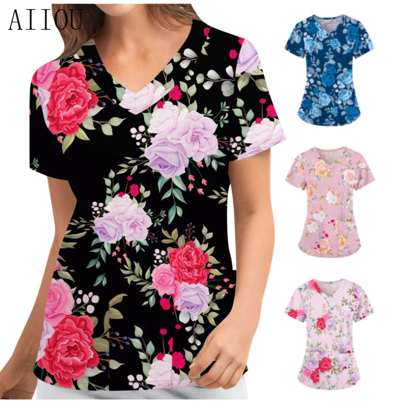 

Medical Scrub Nurse Work Uniform for Women Veterinaria Tops Botanical Print Floral Short Sleeve Tops Work Uniforms Blouse Shirt