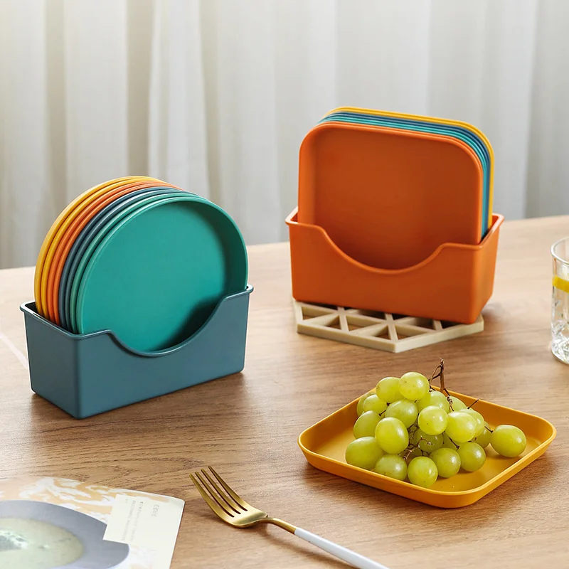

9Pcs Eco-Friendly Unbreakable Dinner Plates Set With Storage Rack Restaurant Specialty Saucer Plastic For Kithchen Picnic Dishes