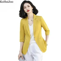 kohuijoo yellow women blazer 2022 spring summer new plus size three quarter slim professional casual blazers office lady coat